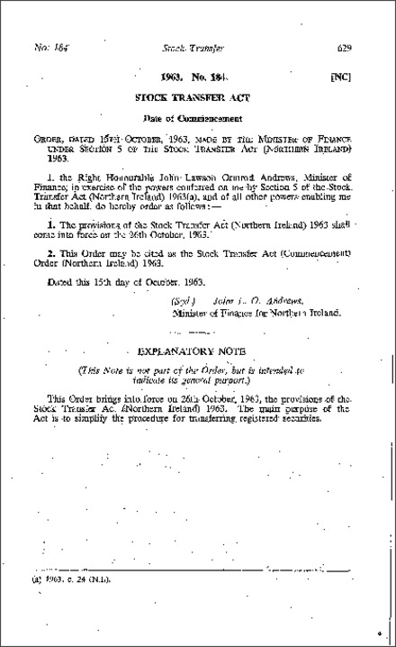 The Stock Transfer Act (Commencement) Order (Northern Ireland) 1963