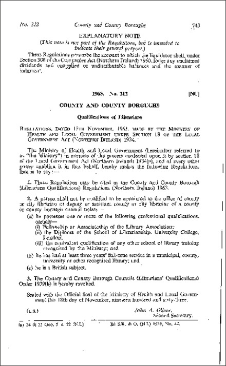 The County and County Borough (Librarians' Qualifications) Regulations (Northern Ireland) 1963