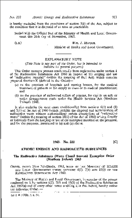 The Radioactive Substances (Waste Closed Sources) Exemption Order (Northern Ireland) 1963