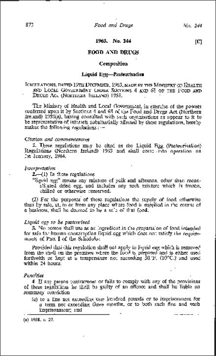 The Liquid Egg (Pasteurisation) Regulations (Northern Ireland) 1963