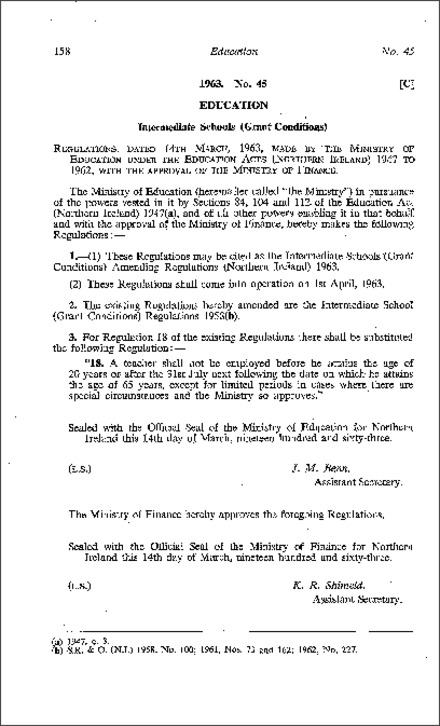The Intermediate Schools (Grant Conditions) Amendment Regulations (Northern Ireland) 1963