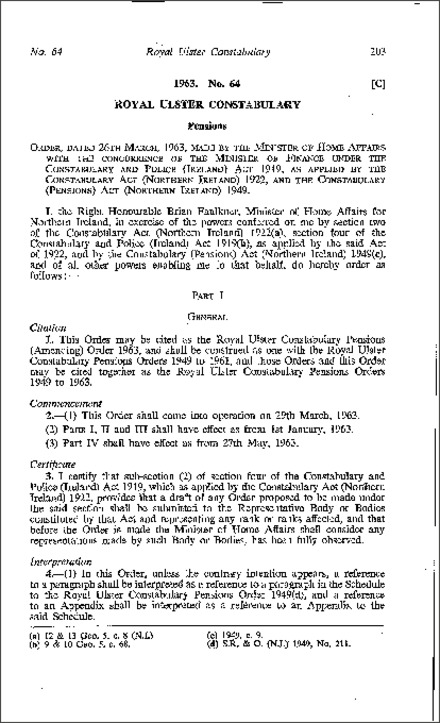 The Royal Ulster Constabulary Pensions (Amendment) Order (Northern Ireland) 1963