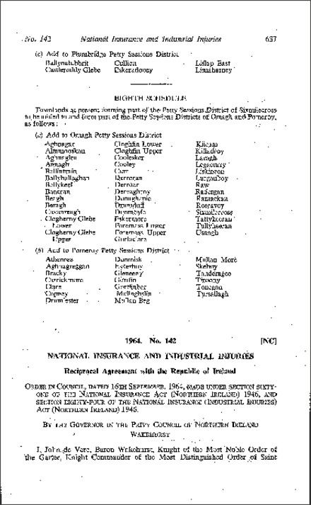 The National Insurance and Industrial Injuries (Reciprocal Agreement with the Republic of Ireland) Order (Northern Ireland) 1964