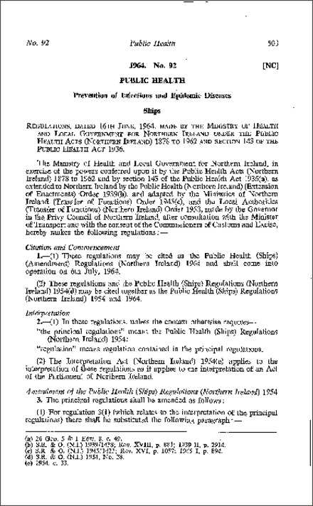 The Public Health (Ships) (Amendment) Regulations (Northern Ireland) 1964