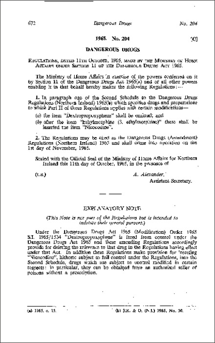 The Dangerous Drugs (Amendment) Regulations (Northern Ireland) 1965