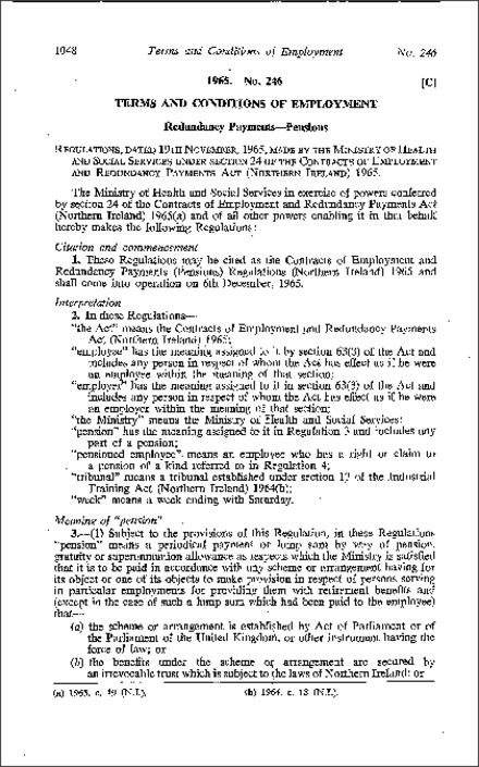 The Contracts of Employment and Redundancy Payments (Pensions) Regulations (Northern Ireland) 1965