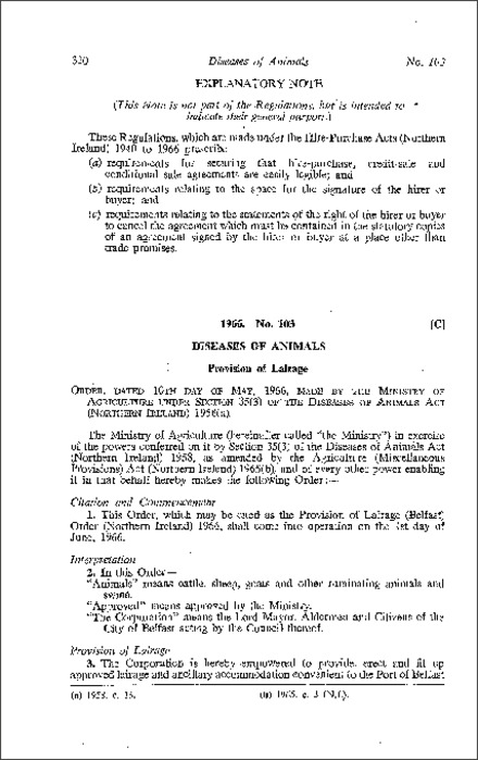 The Provision of Lairage (Belfast) Order (Northern Ireland) 1966