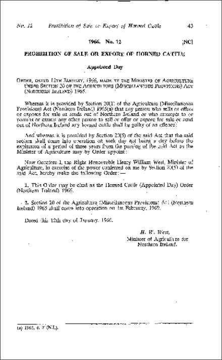 The Horned Cattle (Appointed Day) Order (Northern Ireland) 1966