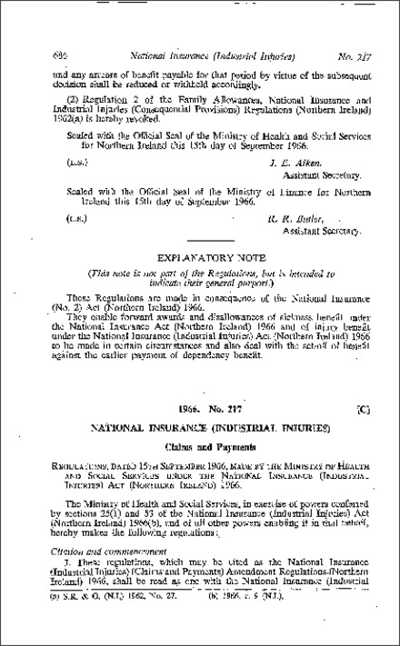 The National Insurance (Industrial Injuries) (Claims and Payments) Amendment Regulations (Northern Ireland) 1966