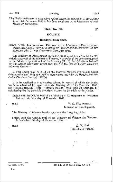 The Housing Subsidy (Variation) Order (Northern Ireland) 1966
