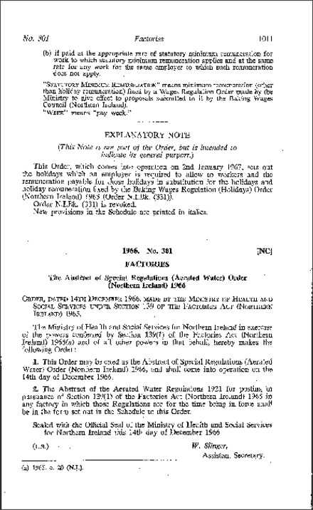 The Abstract of Special Regulations (Aerated Water) Order (Northern Ireland) 1966