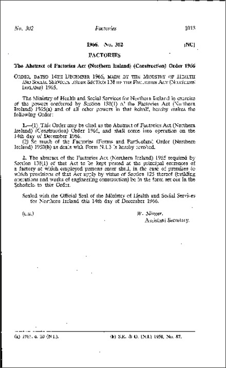 The Abstract of Factories Act (Construction) Order (Northern Ireland) 1966