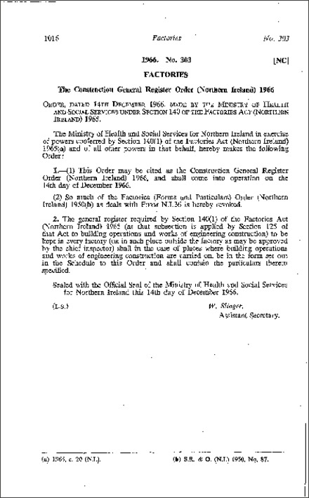 The Construction General Register Order (Northern Ireland) 1966