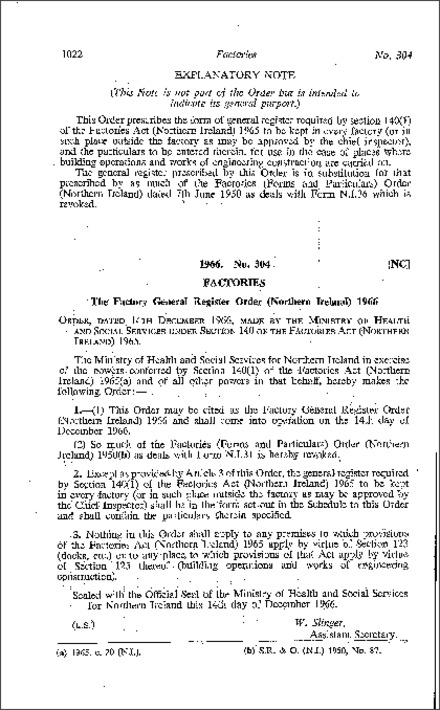 The Factory General Register Order (Northern Ireland) 1966