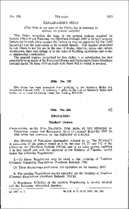 The Training of Teachers (Courses) Amendment Regulations (Northern Ireland) 1966