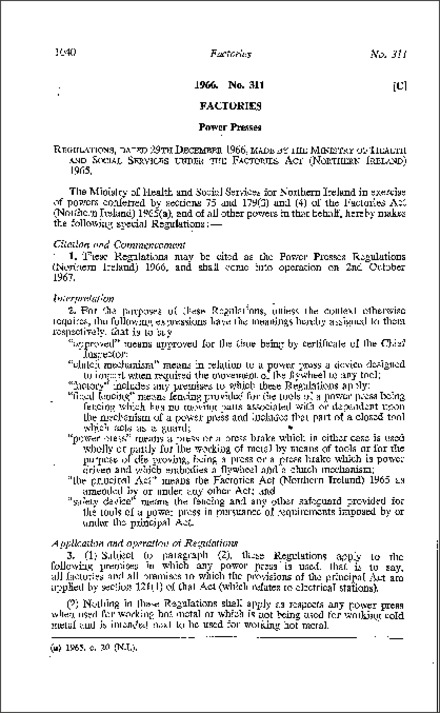 The Power Presses Regulations (Northern Ireland) 1966