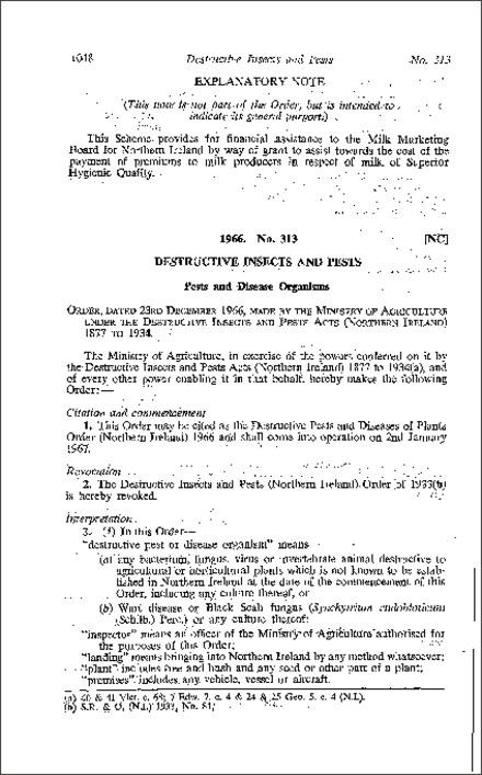 The Destructive Pests and Diseases of Plants Order (Northern Ireland) 1966