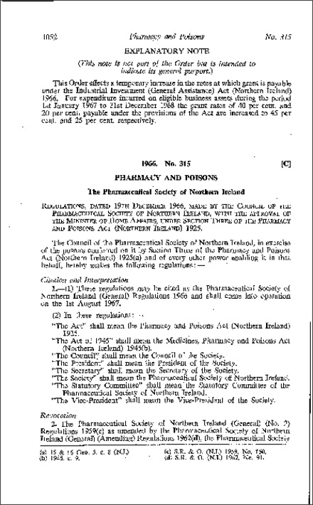 The Pharmaceutical Society of Northern Ireland (General) Regulations (Northern Ireland) 1966