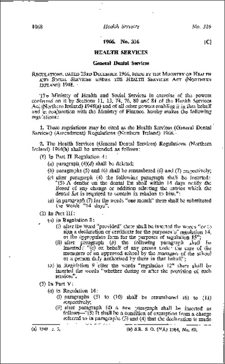 The Health Services (General Dental Services) (Amendment) Regulations (Northern Ireland) 1966