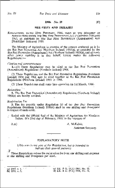 The Bee Pest Prevention (Amendment) Regulations (Northern Ireland) 1966
