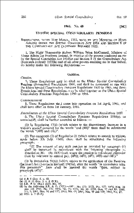 The Ulster Special Constabulary Pensions (Amendment) Regulations (Northern Ireland) 1966