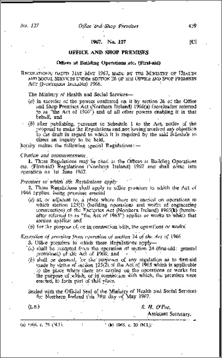 The Offices at Building Operations etc. (First-aid) Regulations (Northern Ireland) 1967