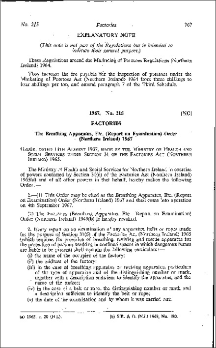 The Breathing Apparatus, Etc. (Report on Examination) Order (Northern Ireland) 1967