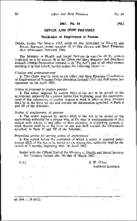 The Office and Shop Premises (Notification of Employment of Persons) Order (Northern Ireland) 1967