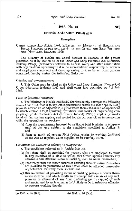 The Office and Shop Premises (Exemption) Order (Northern Ireland) 1967