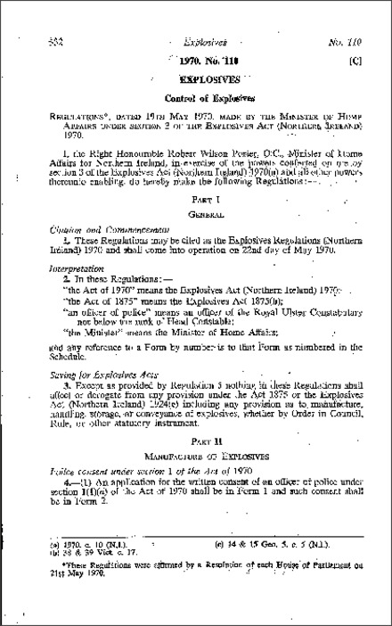 The Explosives Regulations (Northern Ireland) 1970
