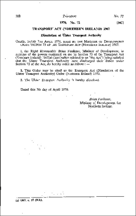 The Transport Act (Dissolution of the Ulster Transport Authority) Order (Northern Ireland) 1970