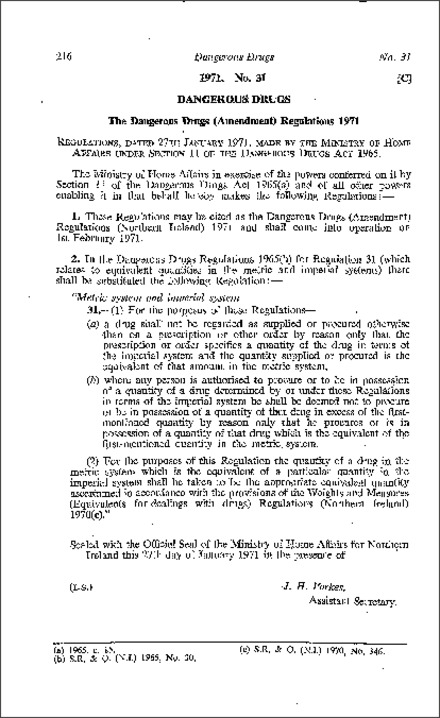 The Dangerous Drugs (Amendment) Regulations (Northern Ireland) 1971