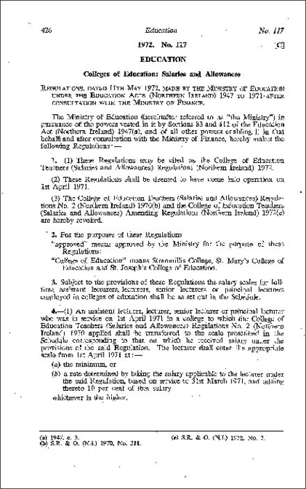 The College of Education Teachers (Salaries and Allowances) Regulations (Northern Ireland) 1972