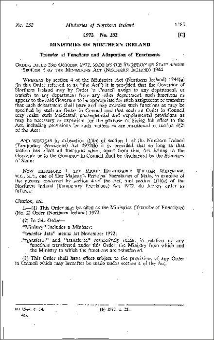 The Ministries (Transfer of Functions) (No. 2) Order (Northern Ireland) 1972