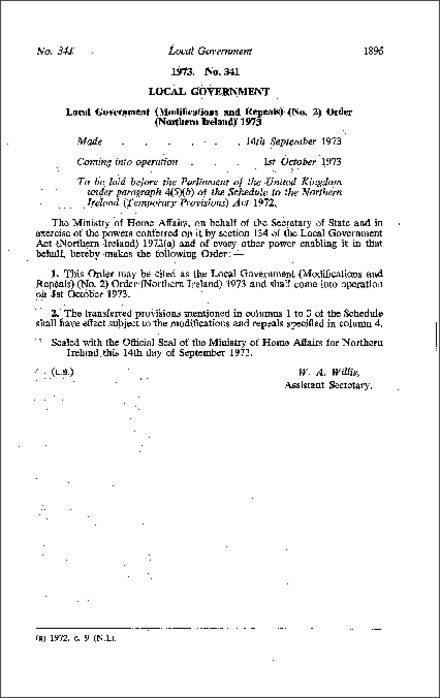 The Local Government (Modifications and Repeals) (No. 2) Order (Northern Ireland) 1973