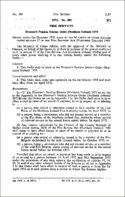 The Firemen's Pension Scheme Order (Northern Ireland) 1973