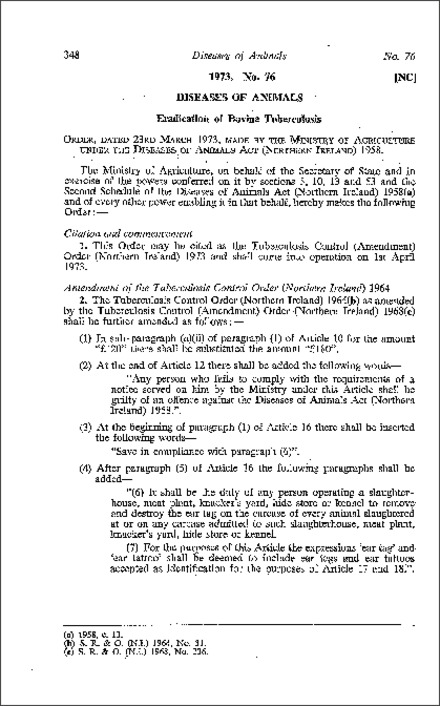 The Tuberculosis Control (Amendment) Order (Northern Ireland) 1973