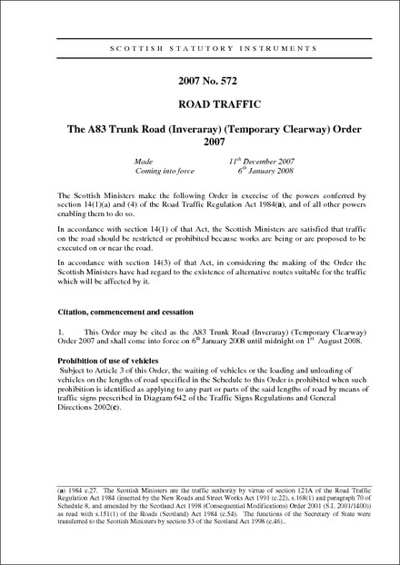 The A83 Trunk Road (Inveraray) (Temporary Clearway) Order 2007