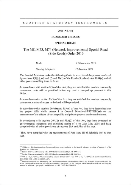 The M8, M73, M74 (Network Improvements) Special Road (Side Roads) Order 2010