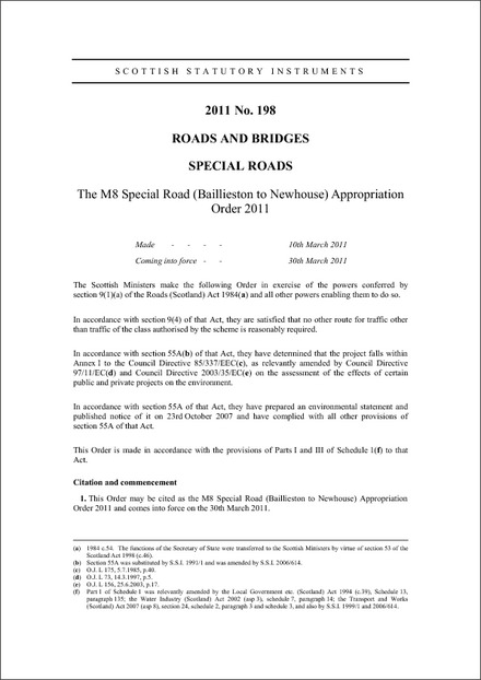 The M8 Special Road (Baillieston to Newhouse) Appropriation Order 2011