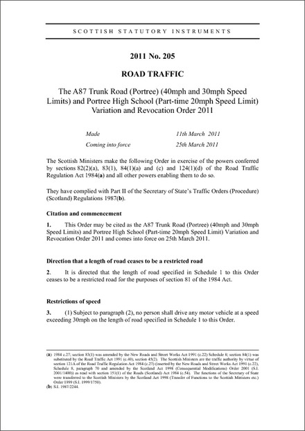 The A87 Trunk Road (Portree) (40mph and 30mph Speed Limits) and Portree High School (Part-time 20mph Speed Limit) Variation and Revocation Order 2011