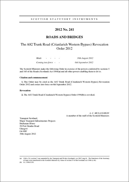 The A82 Trunk Road (Crianlarich Western Bypass) Revocation Order 2012
