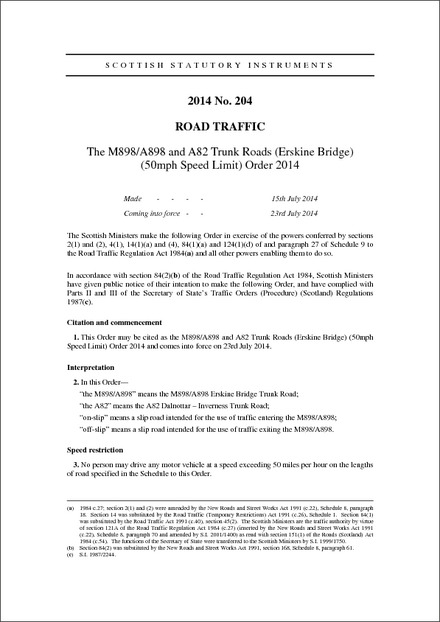The M898/A898 and A82 Trunk Roads (Erskine Bridge) (50mph Speed Limit) Order 2014