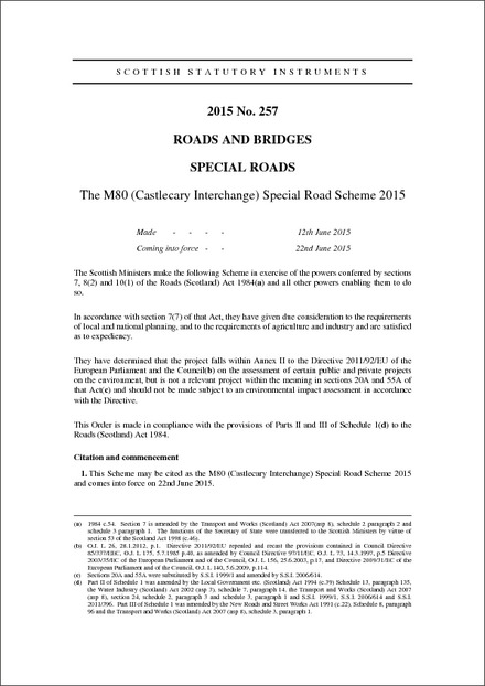 The M80 (Castlecary Interchange) Special Road Scheme 2015
