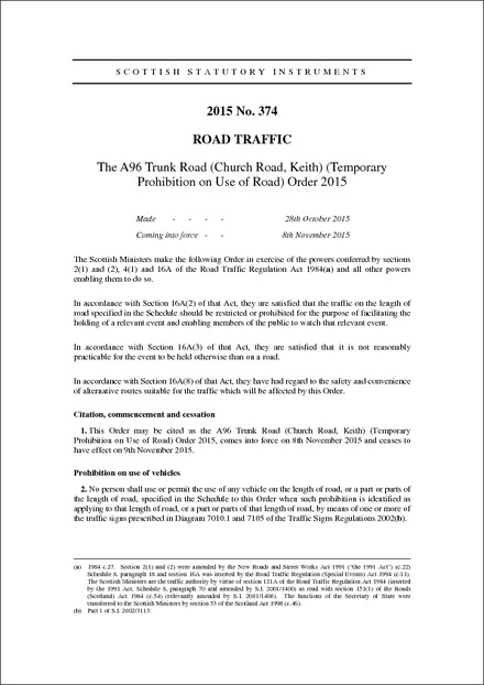 The A96 Trunk Road (Church Road, Keith) (Temporary Prohibition on Use of Road) Order 2015
