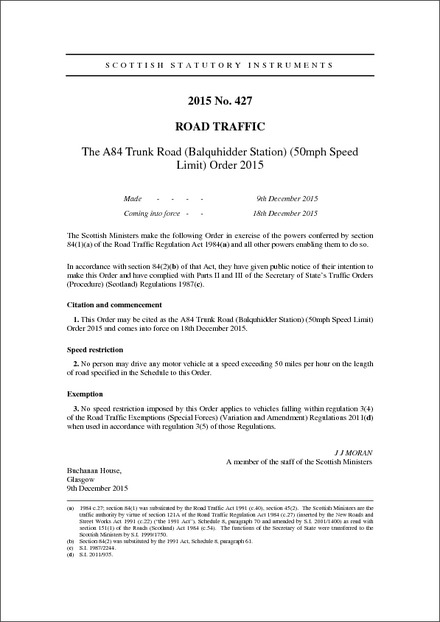 The A84 Trunk Road (Balquhidder Station) (50mph Speed Limit) Order 2015