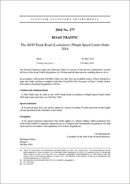 The A830 Trunk Road (Lochailort) (50mph Speed Limit) Order 2016