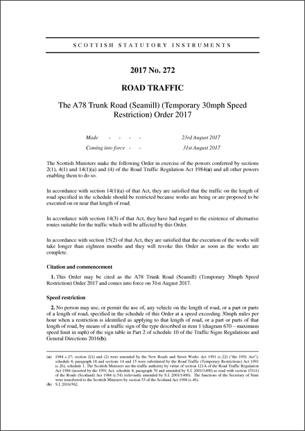 The A78 Trunk Road (Seamill) (Temporary 30mph Speed Restriction) Order 2017