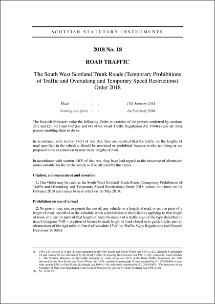 The South West Scotland Trunk Roads (Temporary Prohibitions of Traffic and Overtaking and Temporary Speed Restrictions) Order 2018