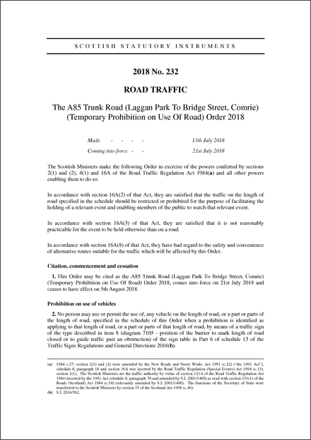 The A85 Trunk Road (Laggan Park To Bridge Street, Comrie) (Temporary Prohibition on Use Of Road) Order 2018